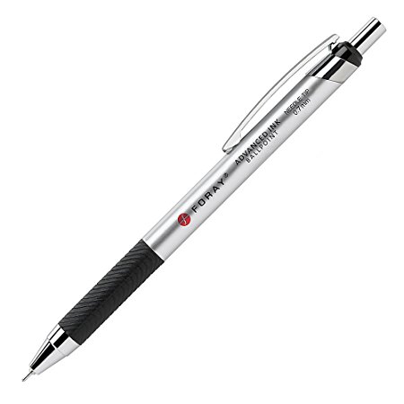 FORAY® Advanced Ink Retractable Ballpoint Pens, Needle Point, 0.7 mm, Silver Barrel, Black Ink, Pack Of 12