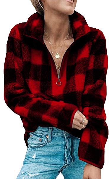 Angashion Women's Long Sleeve 1/4 Zip Up Lapel Fleece Sweatshirt Warm Plaid Fluffy Hoodies Pullover