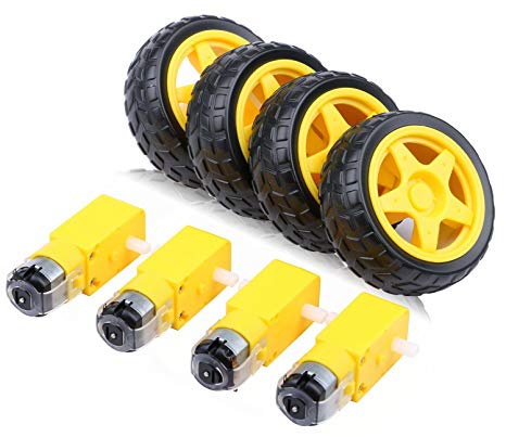 4PCs DC Electric Motor 3-6V Dual Shaft Geared TT Magnetic Gearbox Engine with 4Pcs Plastic Toy Car Tire Wheel, Mini Φ67mm Smart RC Car Robot Tyres Model Gear Parts, Yeeco