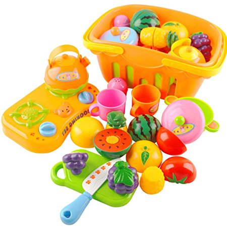 Toy Food, Finer Shop 14Pcs Plastic Fruit Vegetable Kitchen Cutting Toy for Baby Kids Children - Color Random