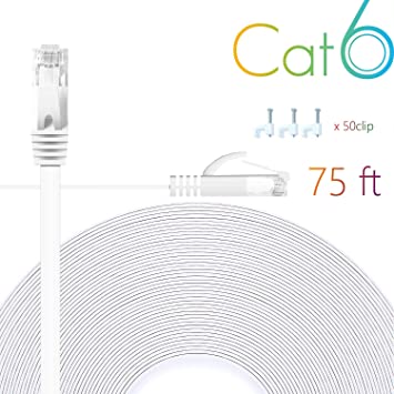 Cat 6 Ethernet Cable 75 FT Flat Internet Network Cables with Cable Clips Cat6 Ethernet Patch Cable with Snagless Rj45 Connectors White Long Computer LAN Cable（75FT）