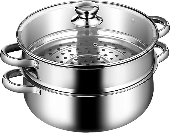 COSTWAY 2-Tier Stainless Steel Steamer, 11-Inch Multi-Layer Boiler Pot with Handles on Both Sides, Cookware Pot with Tempered Glass Lid, Work with Gas, Electric, Grill Stove Top, Dishwasher Safe