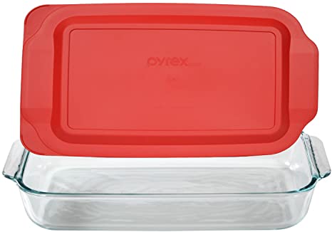 Pyrex Basics 3 Quart Glass Oblong Baking Dish with Red Plastic Lid - 9 inch x 13 Inch by Pyrex