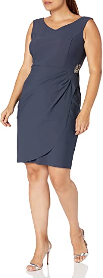 Alex Evenings Women's Slimming Short Ruched Dress with Ruffle(Petite and Regular)