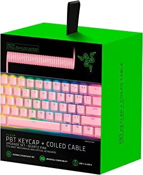 Razer PBT Keycap   Coiled Cable Upgrade Set: Durable Doubleshot PBT - Universal Compatibility - Keycap Removal Tool & Stabilizers - Tactically Coiled & Designed - Braided Fiber Cable - Quartz Pink