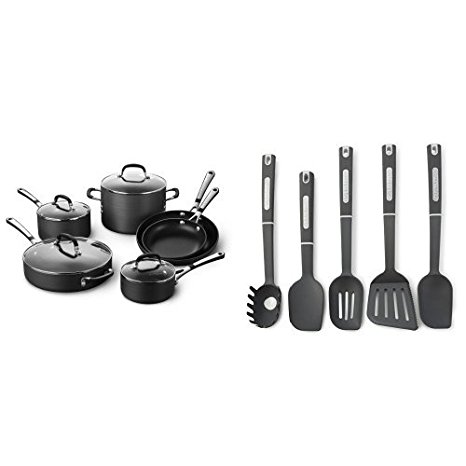 Simply Calphalon Nonstick 10 Piece Cookware Set and Calphalon 5-Piece Nylon Kitchen Cooking Utensil Set Bundle