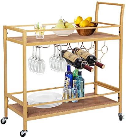 KINGSO Bar Cart for Home Rolling Kitchen Serving Cart with Wine Rack Glass Bottle Holder Mobile Large Kitchen Cart with Lockable Wheels Storage Shelves Liquor Wine Cart, Steel Frame, Gold