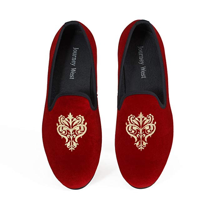 Journey West Men's Vintage Velvet Embroidery Noble Loafer Shoes Slip-on Loafer Smoking Slipper Black/Red/Blue