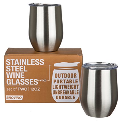 Stainless Steel Wine Glasses with Lid - Set of 2-12 oz Double Wall Insulated Outdoor Wine Tumblers - 100% Unbreakable & Stemless Glass - Wine Tumbler Set for Outdoor : Wine, Coffee & Camping