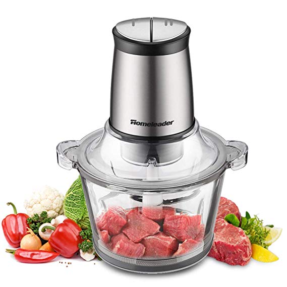 Electric Food Chopper, 8-Cup Food Processor by Homeleader, 2L BPA-Free Glass Bowl Blender for Meat, Vegetables, Fruits and Nuts, 2-Speed, Stainless Steel Motor Unit and 4 Sharp Blades