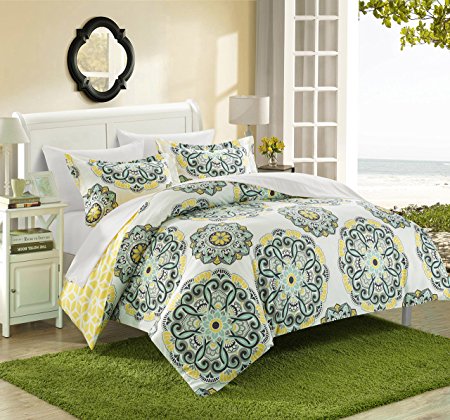 Chic Home Ibiza 2 Piece Duvet Cover Set Super Soft Reversible Microfiber Large Printed Medallion Design with Geometric Patterned Backing Zipper Closure Bedding with Decorative Shams, Twin Yellow