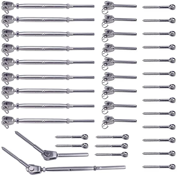Muzata 10 Set Stainless Steel Cable Railing Kits for 1/8" Wire Rope,Including 10Pack Jaw Swage Stud Turnbuckles,20Pack Fork Terminal Lag Screw Eyes,T316 Marine Grade CK08,Series CA1 CD1 CS1