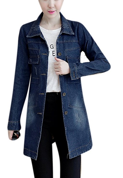 Women's Fall Washed Blue Denim Long Jacket Fashion Front Button Down Jean Coat