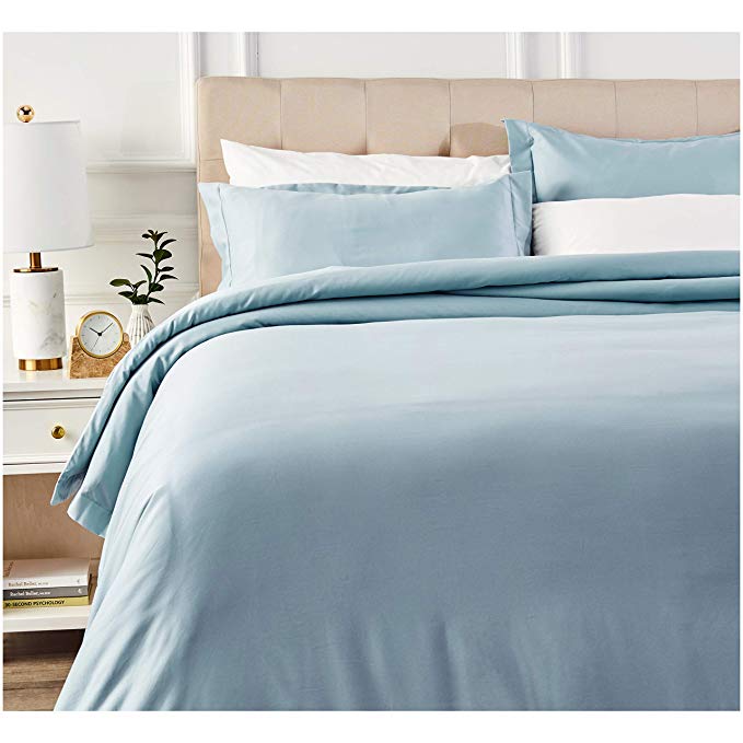 AmazonBasics 400 Thread Count Cotton Duvet Cover Set with Sateen Finish - King, Smoke Blue