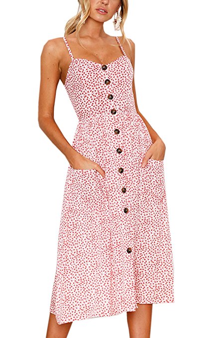 Angashion Women's Dresses-Summer Floral Bohemian Spaghetti Strap Button Down Swing Midi Dress With Pockets