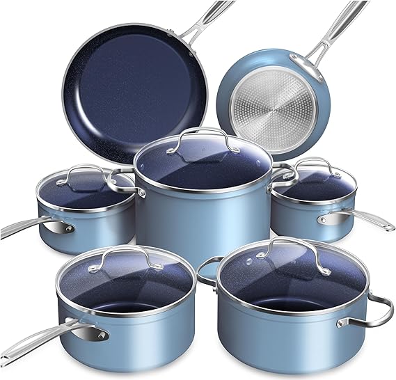 Nuwave Healthy Duralon Blue Ceramic Nonstick Cookware Set, Diamond Infused Scratch-Resistant, PFAS Free, Dishwasher & Oven Safe, Induction Ready & Evenly Heats, Tempered Glass Lids & Stay-Cool Handles