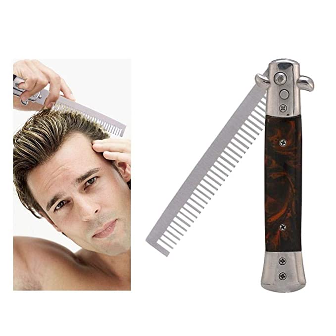 Folding Comb, Spring Push Button Pocket Oil Hair Styling (Brown)