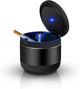 Car Ashtray, Detachable Portable Ashtray with Blue LED Light and Lid, Stainless Cigarette Ashtray for Vehicles Cup Holder Car Accessories or Indoor Outdoor Travel Use (Mini Size, Black)