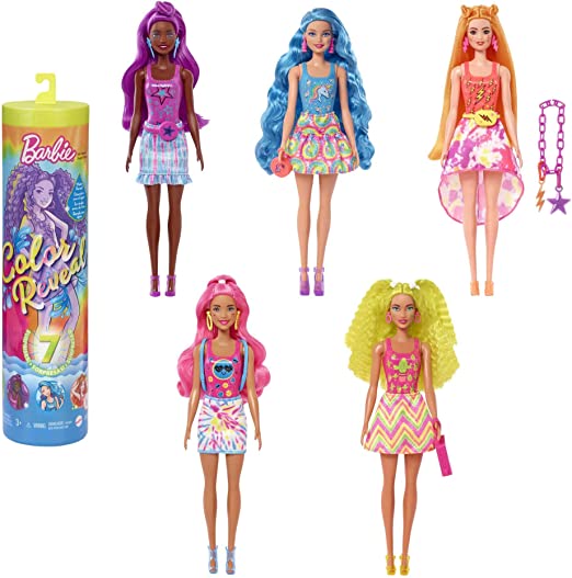 Barbie Color Reveal Doll with 7 Unboxing Surprises, Neon Tie-Dye Series with Tie-Dye Print & Color Change; Gift for Kids 3 Years & Older