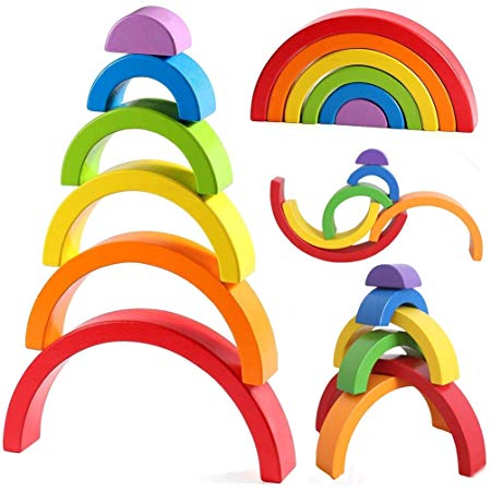 Wenini Wooden Rainbow Stacking Toy Large Nesting Puzzle Blocks Educational Learning Toys/Creative Colorful Building Blocks/Wooden Rainbow Arch Bridge for Kids Baby Toddlers