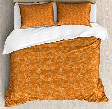 Ambesonne Burnt Orange Duvet Cover Set, Dandelions Poppies and Wildflowers Silhouettes Romantic Garden Art, Decorative 3 Piece Bedding Set with 2 Pillow Shams, Queen Size, Orange White