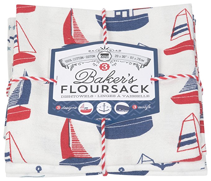 Now Designs Printed Baker's Floursack Kitchen Towels, Set of Three, Ahoy Matey