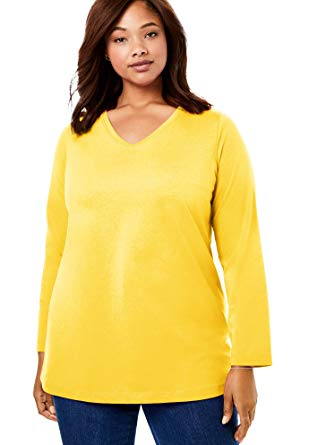 Woman Within Women's Plus Size Perfect V-Neck Long Sleeve Tee