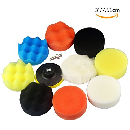 GAMPRO 11pcs 3 inches Compound Drill Buffing Sponge Pads Kit for Car Sanding, Polishing, Waxing, Sealing Glaze (9 Polishing Pads 1 Woolen Buffer 1 Thread Drill Adapter with Shank)(3")