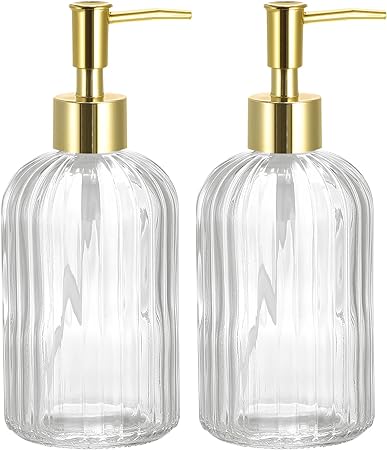 uxcell Soap Dispensers Set - 2 Pack 13.5Oz Glass Dish Hand Soap Dispenser with Golden Pump for Kitchen Bathroom, Clear