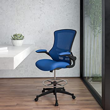 Flash Furniture Mid-Back Blue Mesh Ergonomic Drafting Chair with Adjustable Foot Ring and Flip-Up Arms