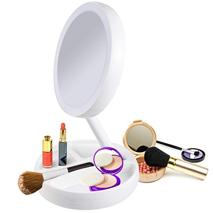 ESEN KJ LED Lighted Travel Folding Vanity Mirror, 1x / 10x Magnification - Daylight LED, Compact, Portable, Large 5-inch Wide Lighting Vanity Mirror
