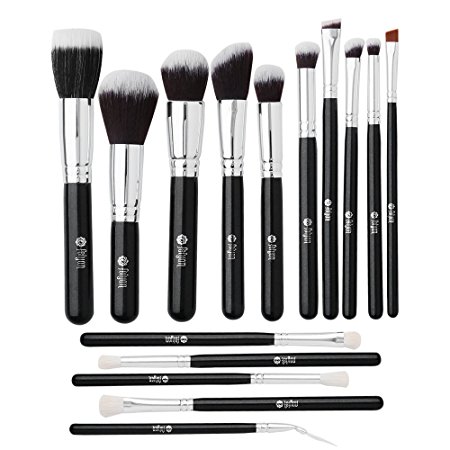Makeup Brush Set Premium Natural Goat Synthetic Cosmetics Kabuki Foundation Face Powder Blush Eyeshadow Eyeliner Concealer Brushes Makeup Brush Kit with Case (15 pcs, Black/Silver)
