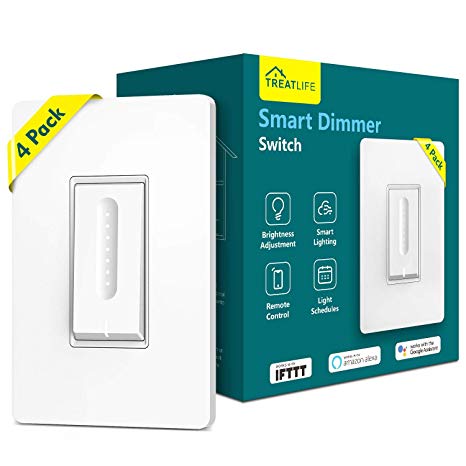 Smart Dimmer Switch，Treatlife WiFi Light Switch for Dimmable LED, Halogen & Incandescent Bulbs, Compatible with Alexa, Google Home & IFTTT, App Remote Control, Single-Pole Dimmer Switch(4 PACK)