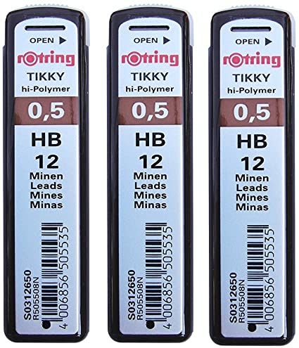 Bulk 3 Pcs. HB Rotring Tikky Hi-Polymer Fineline Leads for Refill Mechanical Pencils, 0.5mm HB, Black, 12 Leads per Tube, (Pack of 3) Set for Kids School by DrWritting