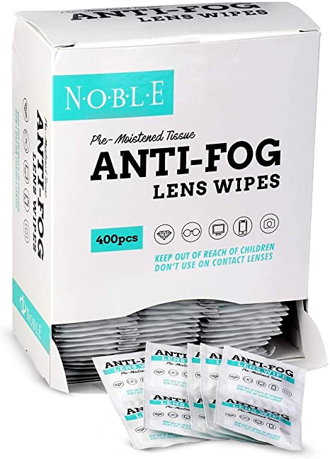 Noble Anti-Fog Pre-Moistened Lens and Screen Cleaning Wipes for Glasses Eyewear, Smartphones, Camera Lenses, Small Electronic Devices, Touchscreens, Individually Wrapped, Residue-Free, 5”x 6” (400)
