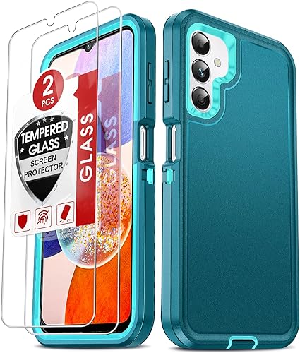 LeYi for Samsung Galaxy A14 5G Phone Case: A 14 5G Case with [2 Pack] Tempered Glass Screen Protectors, 3 in 1 Full Body Shockproof Rubber Dustproof Rugged Defender Protection funda Cover A14, Teal