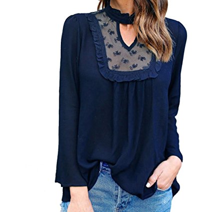 TAORE Women Chiffon Hollow Out Lace Blouse Tops Long Sleeve Sweet V-Neck Casual Shirt