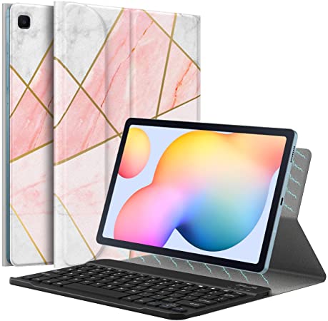 MoKo Keyboard Case Compatible with Galaxy Tab S6 Lite 2020, Magnetic Cover Shell Case with Removable Wireless Keyboard Fit Samsung Galaxy Tab S6 Lite 10.4 2020 SM-P610/P615, Geometric Marble Pink