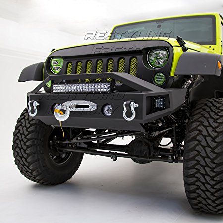 Restyling Factory - Black Textured Rock Crawler Stubby Front Bumper with OE Fog Light Hole, Built-In 21" ~ 22" LED Light bar mount, & 2x LED Side Mount, Winch Mount Plate for 07-17 Jeep Wrangler JK