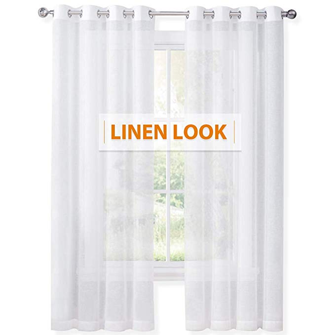 RYB HOME Long Sheer Drapes Privacy Curtains Window Covering for Living Room with Grommet Top, Sunlight Filtering for Interior Spaces/Sliding Glass Door, W 55 in x L 95 in, Solid White, 2 Pcs