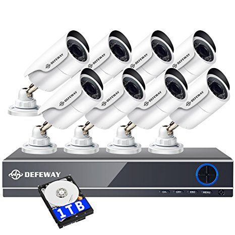 DEFEWAY TURE 1080P Video Security System, 8 Channel 5-in-1 DVR Kit with 1TB Hard Drive w/ 8 pcs 2.0 MP / 2000TVL Metal Bullet Security Cameras (1080P SONY CMOS,100ft Night Vision, App/Web Remote View)