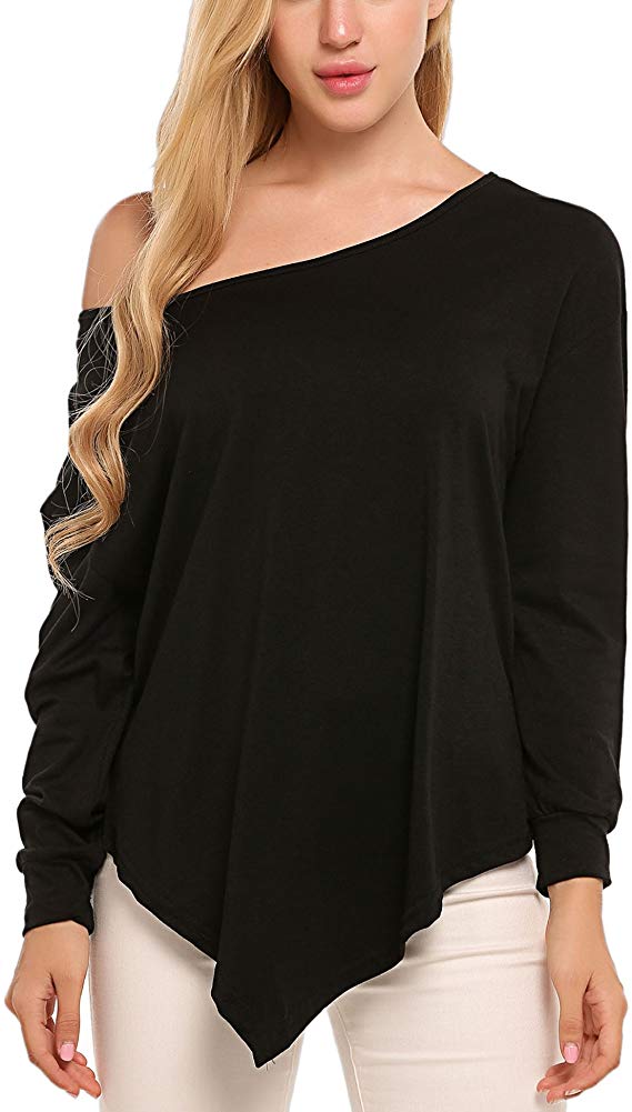 Beyove Women Loose Blouse Off Shoulder Long Sleeve Irregular Hem Top Shirt