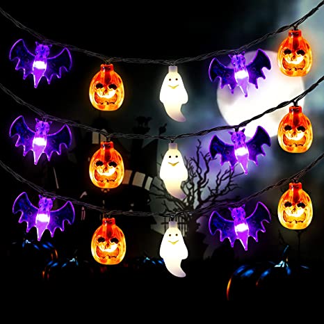 Mosoan Halloween String Lights Battery Operated 20 Feet 30 LED 3D Pumpkin Bat Ghost Lights - 8 Lighting Modes Halloween Decoration Lights for Outdoor Indoor Halloween Party Decorations