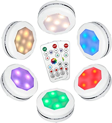 Puck lights battery operated under cabinet lighting, Gana 6 pack color changing puck lights under cabinet lighting battery powered lights, puck lights with remote,16 colors and 4 models battery lights