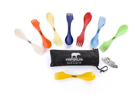 Tapirus Spork To Go V8 Set, Eight Sporks   Can & Bottle Opener   Carry Case. Bpa-free Tritan Spoon, Fork & Knife Combo Utensil. Colorful Flatware Set For Camping, Mess Kits, Work, & Outdoor Activities