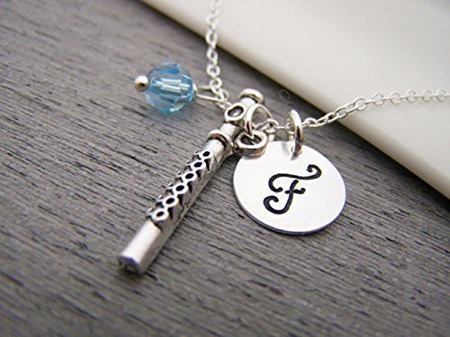Flute Music Charm Initial Birthstone Necklace