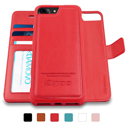 AMOVO iPhone 8 Plus Case [2 in 1], iPhone 8 Plus Wallet Case [Detachable Folio] Premium Vegan Leather Case for iPhone 8 Plus/iPhone 7 Plus/iPhone 6 Plus (iPhone 8 Plus/7 Plus/6 Plus (5.5") Red)