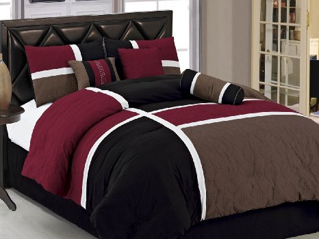 Chezmoi Collection 7-Piece Quilted Patchwork Comforter Set, Queen, Burgundy, Brown and Black