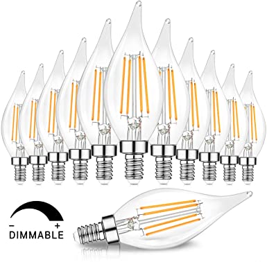 Dimmable E12 Candelabra LED Bulbs 60 Watt Equivalent, 2700K Warm White, Clear Filament LED Chandelier Light Bulbs 6W, 600lm, CA11 Vintage Ceiling Fan Light Bulb with Flame Tip, 12-Pack