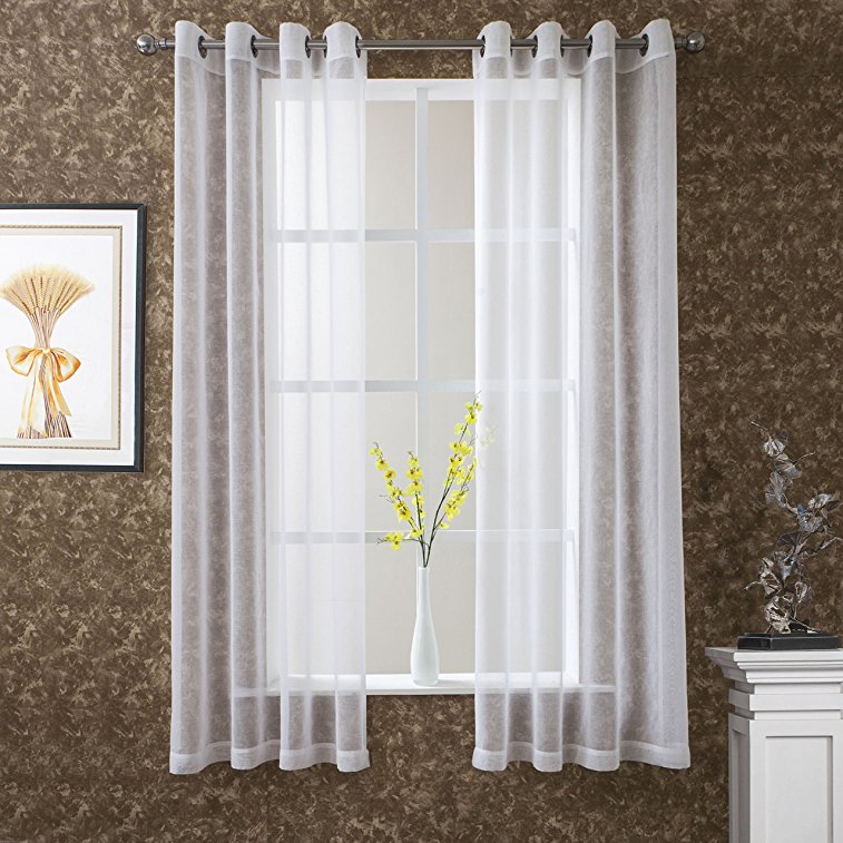DWCN White Sheer Curtains for Living Room Dining Room Linen Look Voile Drapes Grommet Top Window Curtain Panel 52 x 63 Inch Long ,Set of 2 Panels